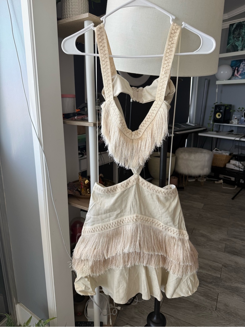 12th Tribe Cream Fringe Mini Dress - Textured V-Neck Party Dress